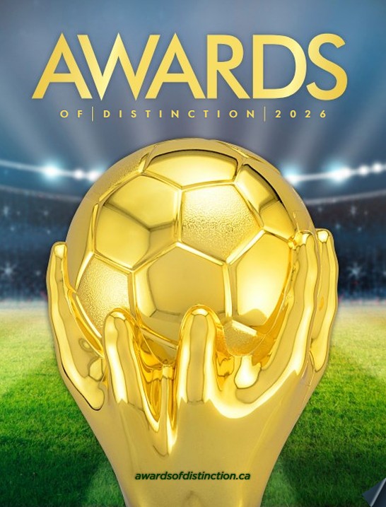 Gold soccer trophy with 'Awards of Distinction 2026' text on a sports field background
