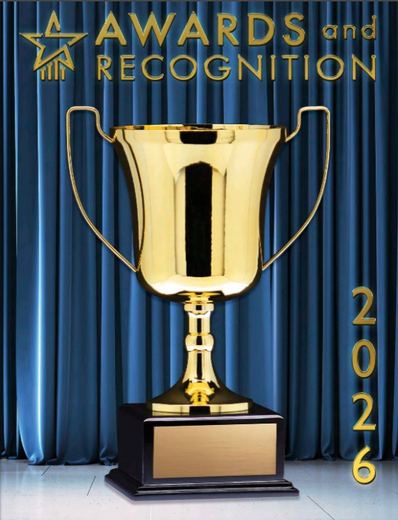 Gold trophy with a blue curtain background and 'Awards and Recognition 2026' text.