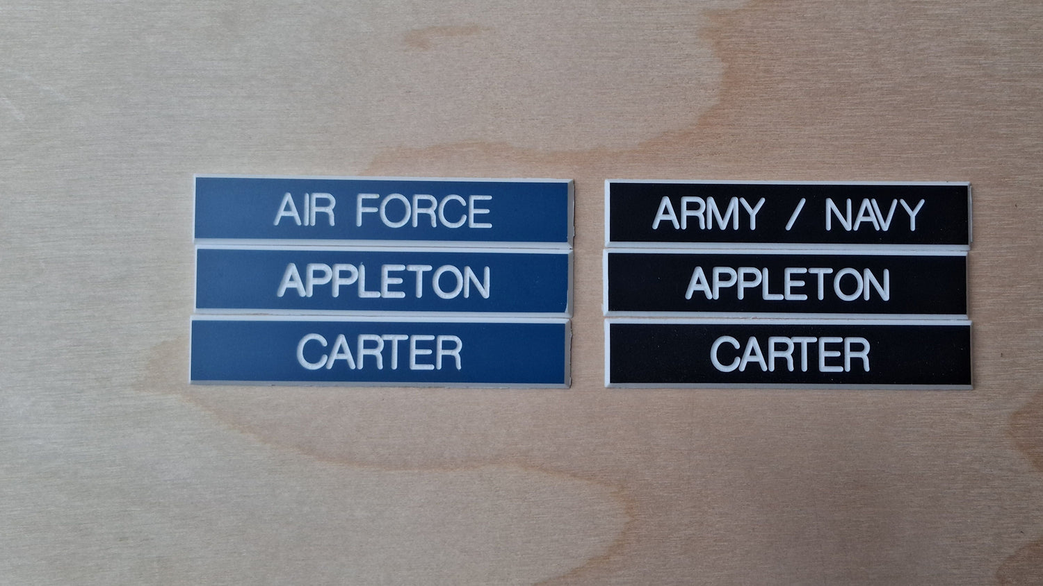 Custom engraved military name tags, name badges in blue and black